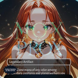 May include: A trading card featuring an anime-style character with long ginger hair and green eyes. The card is titled Mox Amber and labeled as a Legendary Artifact. It includes text about mana and a bottom banner that reads Thanks for checking us out.