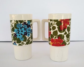 On Sale 1970's ironstone coffee mugs, set of 2, blue red flowers ~ GallivantsVintage