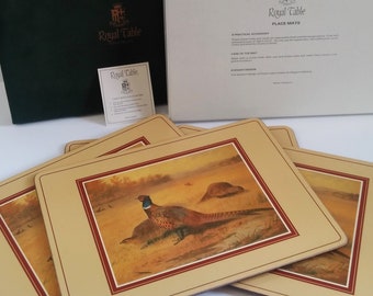 Mid-Century  pheasant placemats, set of 4, Royal Table, England, cork-backed,  New in box ~ GallivantsVintage