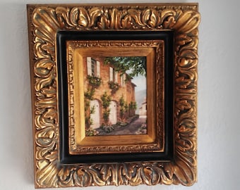 vintage original oil painting, village street scene, 8" x 10", signed , framed, vintage wall art ~ GallivantsVintage