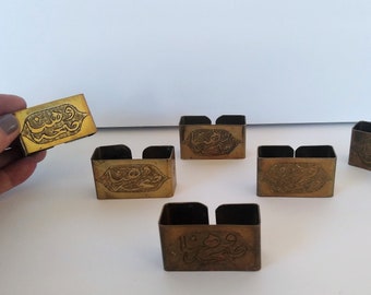 vintage etched brass napkin rings, set of 6, rectangle, Arabic, flower ~ GallivantsVintage