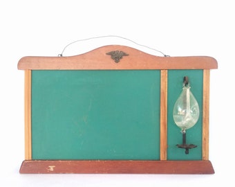 antique green chalkboard with glass barometer, brass eagle, handmade, homeschool ~ GallivantsVintage