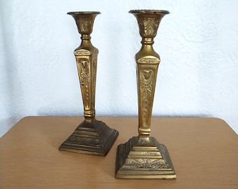 vintage heavy 12" brass candlesticks with laurel bow and ram's head, set of 2, India ~ GallivantsVintage