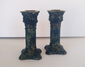 On Sale vintage dark blue ceramic column candlesticks, Composite Column, set of 2 ~ GallivantsVintage