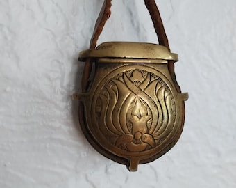 vintage Ottoman brass gunpowder flask with leather strap, ornate design ~ GallivantsVintage