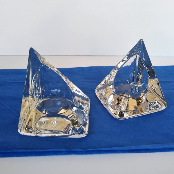 On Sale vintage asymmetrical pyramid glass candle holders, set of 2, unusual shape, tealight or votive ~ GallivantsVintage