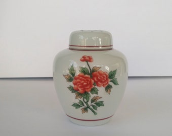 On Sale vintage  ginger jar with lid, peony, white, red, orange. Andrea by Sadek, Japan ~ GallivantsVintage