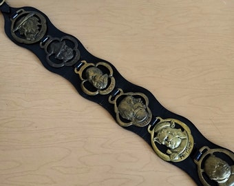 vintage leather strap with 6 brass horse brindle medallions, Charles Dickens characters, Artful Dodger ~ GallivantsVintage
