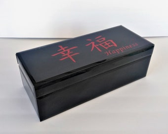 vintage Chinese black Happiness box, plastic, red graphics, Asian, rolling box, stash box ~ GallivantsVintage