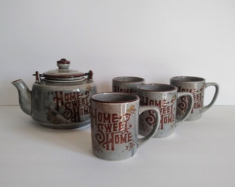 vintage Home Sweet Home teapot and 4 mugs, Mid-Century, Japan ~ GallivantsVintage