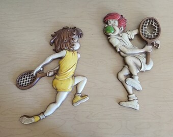 vintage 1975 Sexton cast metal wall art, girl beating boy at tennis, set of 2, home decor ~ GallivantsVintage