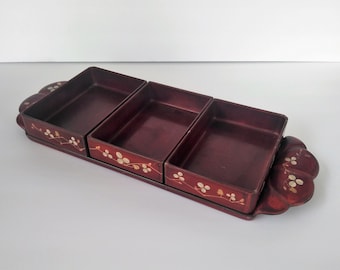 vintage hand painted tray set of 4 pieces, hard plastic, 3 removeable trays, red brown floral pattern ~ GallivantsVintage