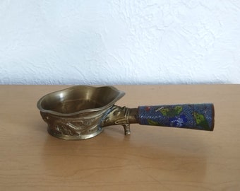 vintage brass silk iron coal pot, enamel handle, dragon design ~ GallivantsVintage