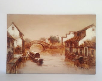 On Sale vintage oil & watercolor painting of Chinese river village scene, signed, unframed ~ 36" x 24" ~ GallivantsVintage