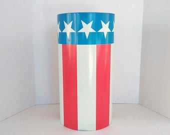 vintage metal American Flag trash can, red white blue, 16" tall, Cheinco ~ GallivantsVintage