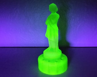 1930's Cambridge uranium green glass Bashful Charlotte Draped Lady flower frog, glows with blacklight, 8 3/4", 10 holes ~ GallivantsVintage