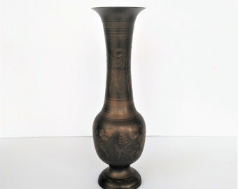 On Sale vintage etched brass vase, flowers, leaves, 12", boho décor ~ GallivantsVintage