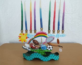 kid's mini sports themed Hannukah menorah, brass/metal, hand painted, Shalom House, Star of David ~ GallivantsVintage