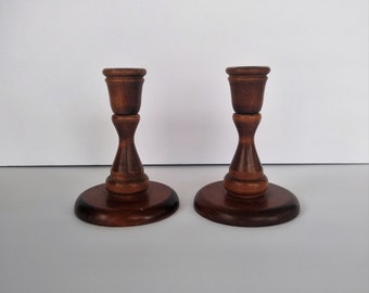 vintage round brown wood candlesticks, set of 2, 6" tall, candle holders ~ GallivantsVintage