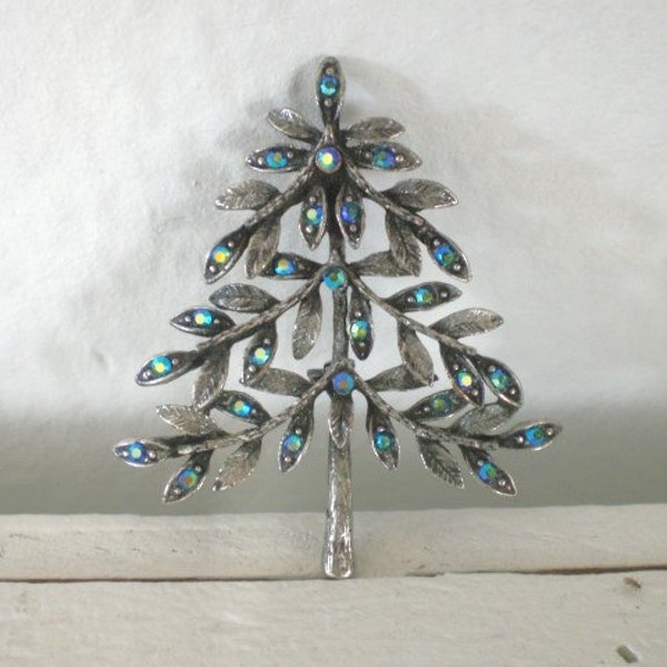 Aurora Borealis Rhinestone Pot Metal Tree Brooch Christmas Vintage Mid Century Costume Jewelry GallivantsVintage