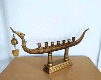 vintage brass Thai Suphannahong dragon boat candelabra, 7 cups, hanging bell, home decor ~ GallivantsVintage