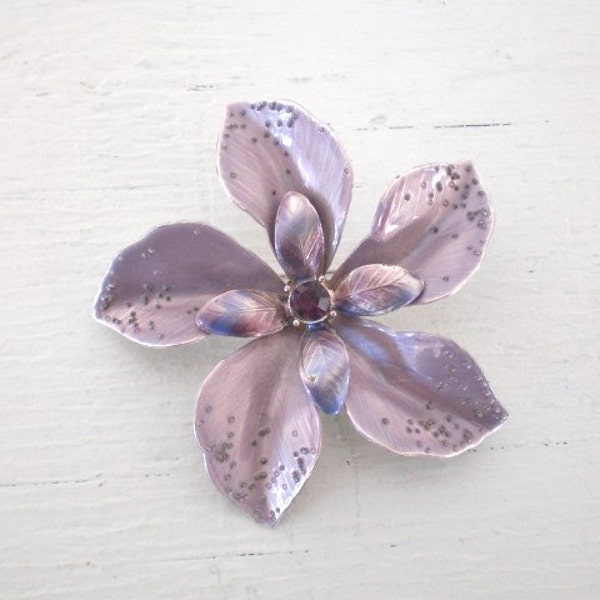 Large Lilac Enamel Flower Brooch Purple Rhinestone Silver Tone Vintage Mid Century Costume Jewelry