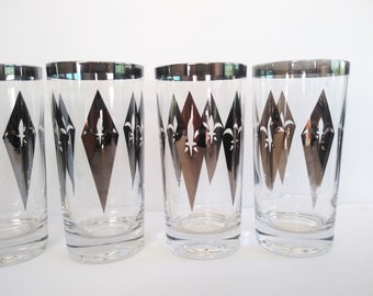 Fleur de Lis silver diamond highball drinking glasses, set of 6, 12oz, 1960's, Mid-Century ~ GallivantsVintage