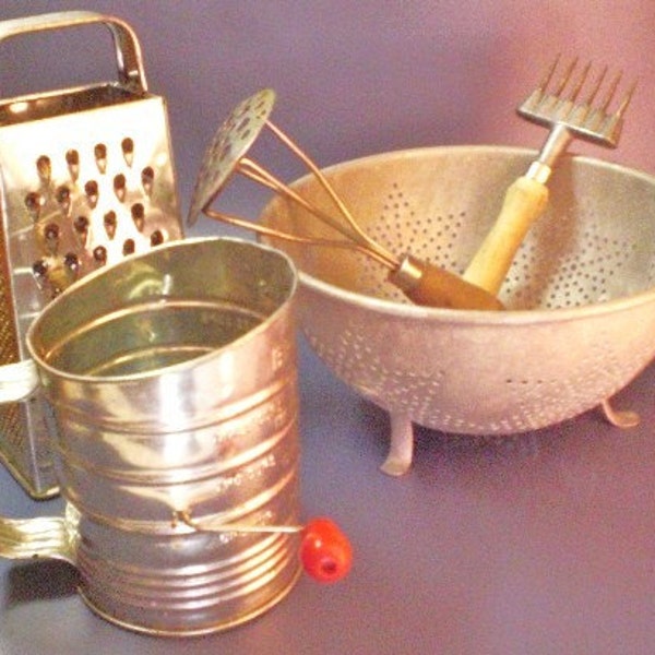 Vintage Country Kitchen Starter Set Metal Wood Colander Cheese Grater Flour Sifter Masher Mystery Gadget