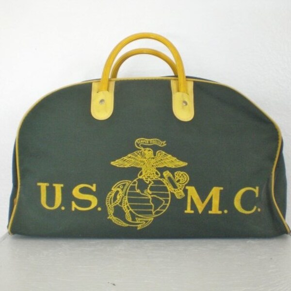 Vintage U.S.M.C. Green Yellow Flight Bag with Soldier's Name FRIE Marine's Issued Rare Mid Century Marines Memorabilia