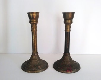 antique brass candlesticks, 10 1/2" tall, set of 2, vintage candle holders ~ GallivantsVintage