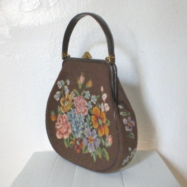 Vintage Needlepoint Handbag 1950's Change Purse Satin Lining Wood Frame