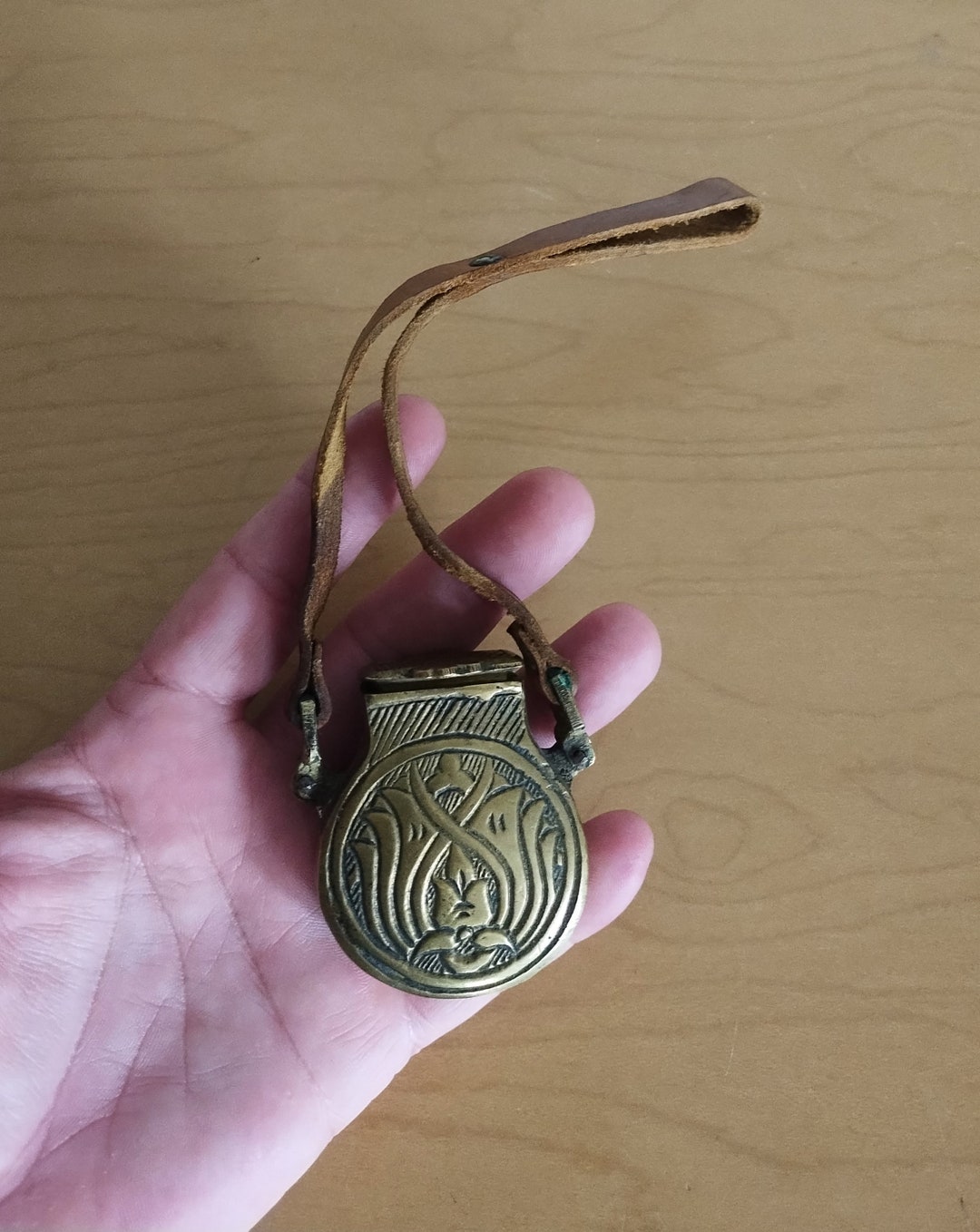 Ottoman Brass Gunpowder Flask With Leather Strap, Ornate Design