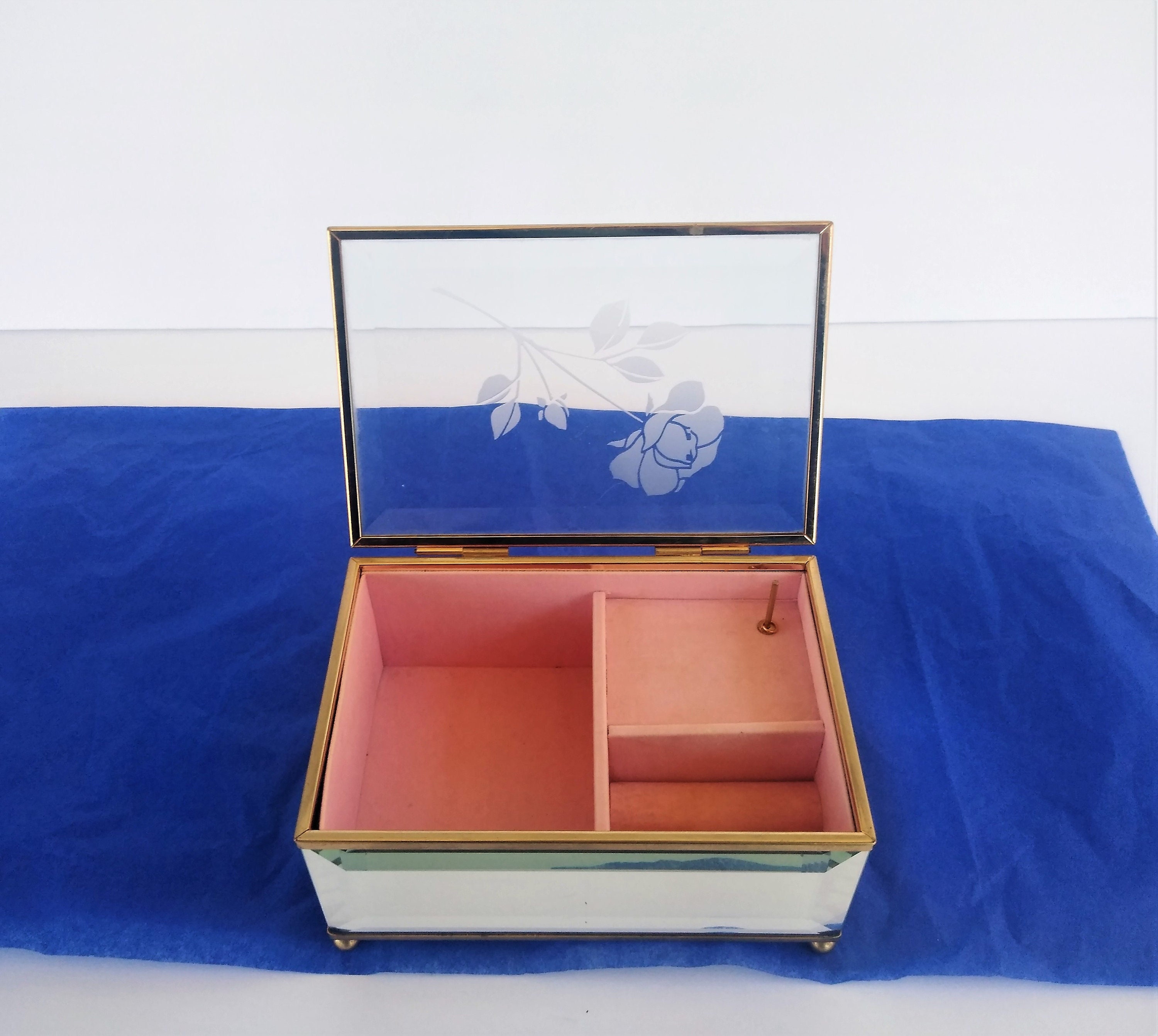 Jewelry Storage Vintage Etched Glass and Gold Trim Trinket Box/Jewelry