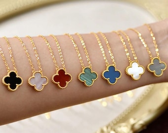 Vintage Clover Necklace,925 Silver 18k Gold Plated 15mm Mother of Pearl, Agate, Chalcedony, Malachite Clover Jewelry