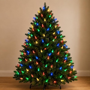 May include: A full, conical artificial Christmas tree with dense green needles, illuminated by numerous multi-coloured LED lights in shades of red, blue, green, and yellow. The tree stands on a black metal base and features a classic triangular shape.