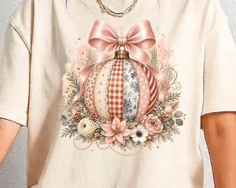 Coquette Christmas Ornament Shirt, Vintage Patchwork Bauble Tee, Pink Bow Farmhouse Sweatshirt, Romantic Cottagecore Holiday Gift for Her
