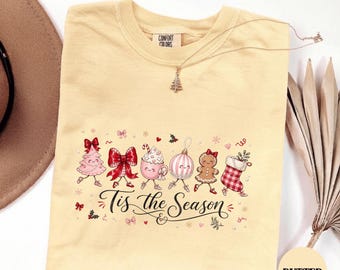 Tis the Season Shirt, Coquette Christmas Tree Tee, Pink Gingerbread Cocoa Bow Ornament Sweatshirt, Girly Preppy Holiday Squad Gift Tee