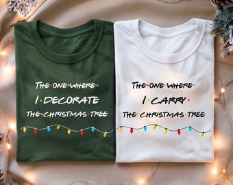 Christmas Tree Decorating Matching Couple T-Shirts, Cozy Christmas Morning Retro Sitcom Style Set, Newlywed Tree Farm Xmas Gift