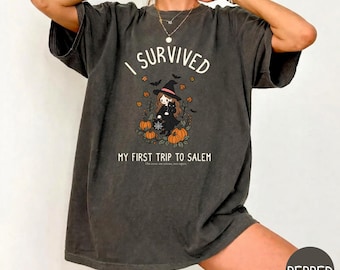 I Survived My First Trip To Salem Shirt, Cute Kawaii Witch Halloween Tee, Black Cat Pumpkin T Shirt, Salem Souvenir Gift For Her