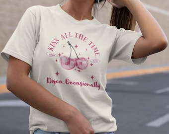 Kiss All The Time Disco Occasionally Shirt, Cherry Disco Graphic Tee, Retro Pop Concert Outfit, Cute Music Fan Tee, HS4
