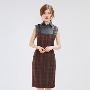 Wool Plaid Dress, Pinafore Dress, Office Outfit, Tartan Dress, Shift Dress, Elegant Dress, Wool Clothing, Midi Dress, Vintage Style Dress