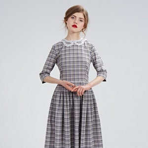 Plaid Dress, Wool Dress, Lace Collar Dress, 1950&#39;s Dress, Midi Dress, Vintage Style Dress, Retro Dress,Flare Dress, Pleated Dress, Office