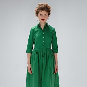 Women Green Dress, Cotton Dress, Plus Size Dress, Vintage Style, Midi Shirt Dress, Flare Dress, Retro Dress, Secretary Dress, 1950&#39;s Dress