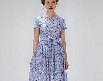 Women Dress, Midi Dress, Bridesmaid Dress, Floral Dress, 1950's Dress, Flare Dress, Vintage Style Dress, Simple Wedding Dress, Blue Dress