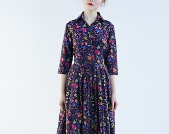 Women Floral Dress, 1950's Dress, Flare House Dress, Shirt Lounge Dress, Loose Dress, Liberty Print Dress, Flower Dress, Wedding Guest