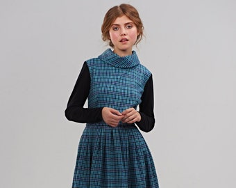 Dress For Women, Wool Dress, Plaid Dress, 1950's Dress, Blue Dress, Vintage Style Dress, Retro Dress, Flare Dress, Pleated Dress, Jersey