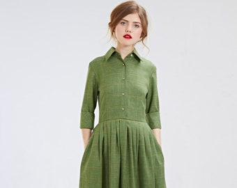Green wool dress - 1950s elegant shirtwaist mother of the bride dresses by Mrspomeranz