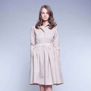 Women Wool Dress, Midi Belt Dress, Women Flare Dress, Vintage Style Dress, 1950&#39;s Dress, Cocktail Dress, Beige Shirt Dress, Collar Dress