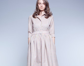 Women Wool Dress, Midi Belt Dress, Women Flare Dress, Vintage Style Dress, 1950's Dress, Cocktail Dress, Beige Shirt Dress, Collar Dress