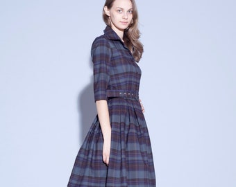 Women Dress, Plaid Dress, Midi Dress, Secretary Dress, Work Dress, Office Dress, Flare Dress, 1950's Dress, Tartan Dress, Vintage Style